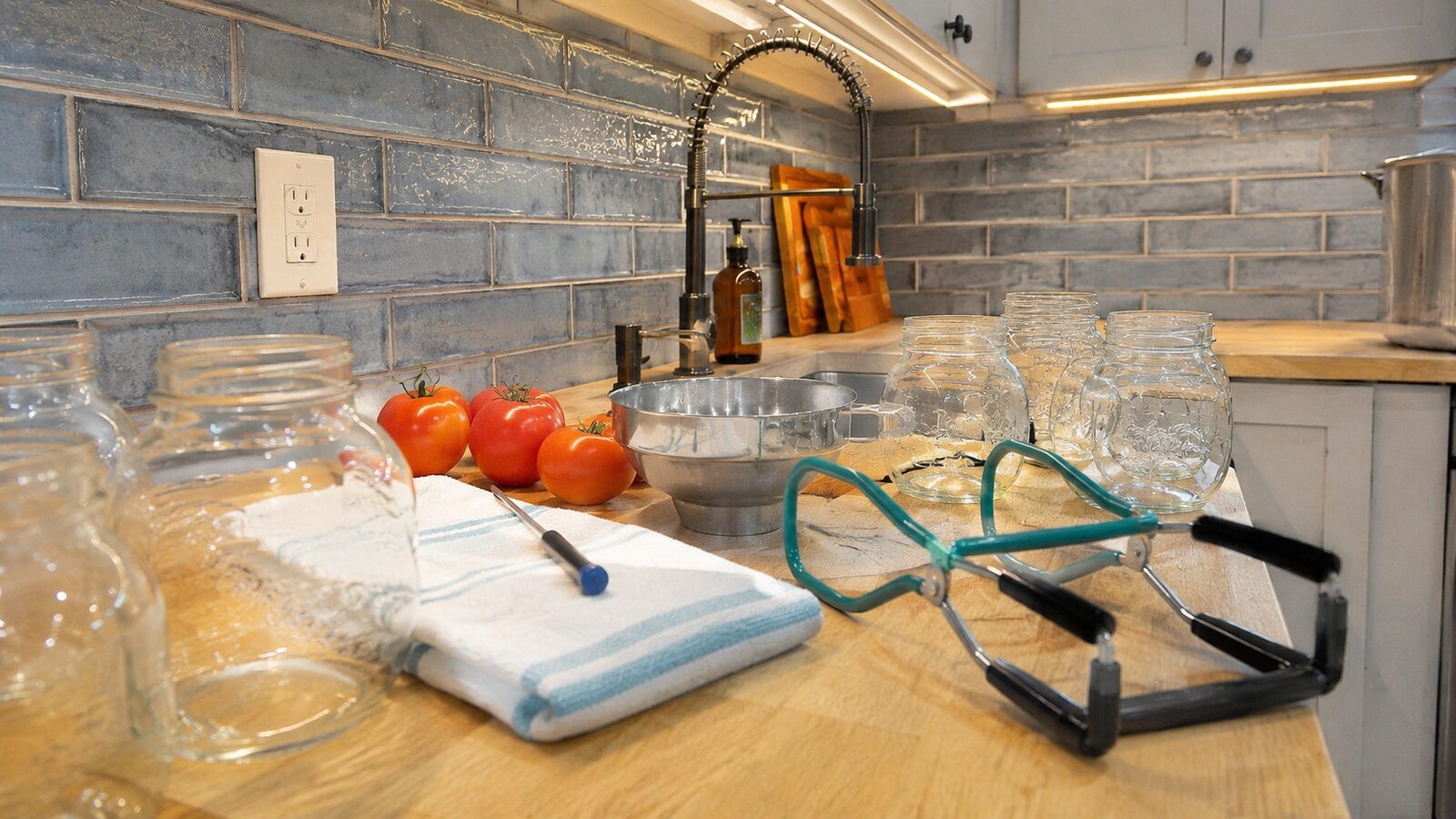 Canning jars and tools arranged with fresh tomatoes.