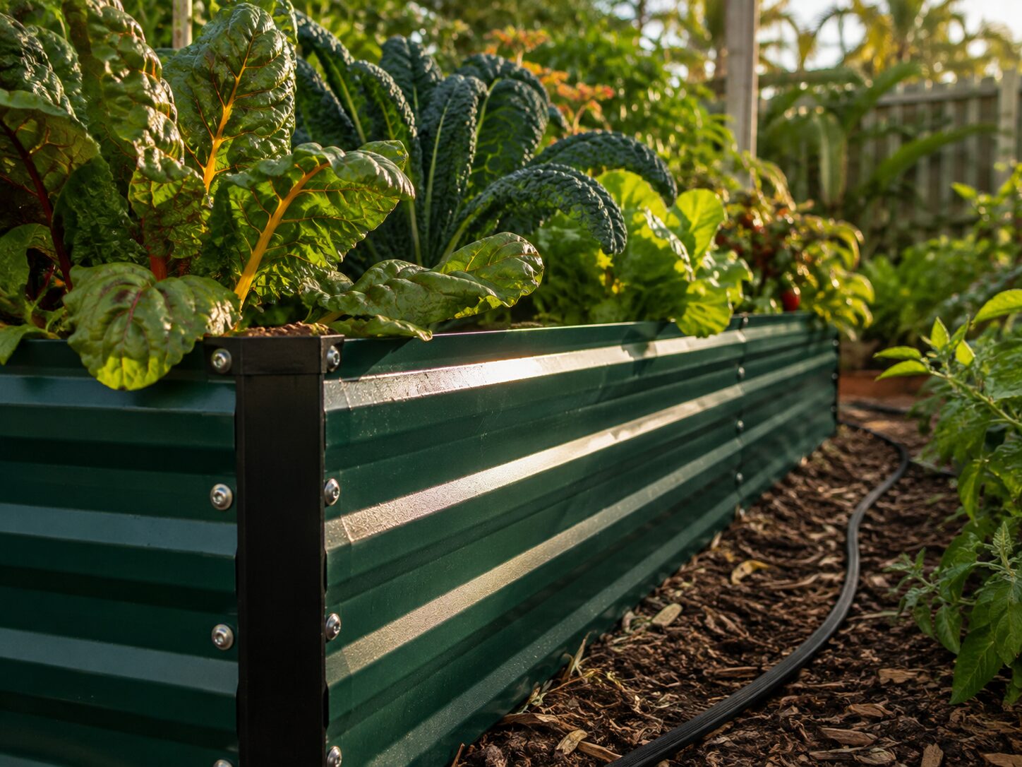 A green corrugated raised bed filled with healthy vegetables.
