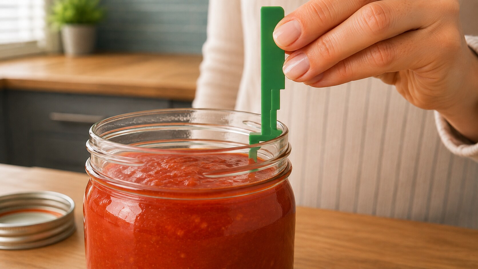 A stepped canning headspace gauge positioned vertically with its selected step resting on a mason jar rim and its measuring tip aligned with the tomato sauce surface.