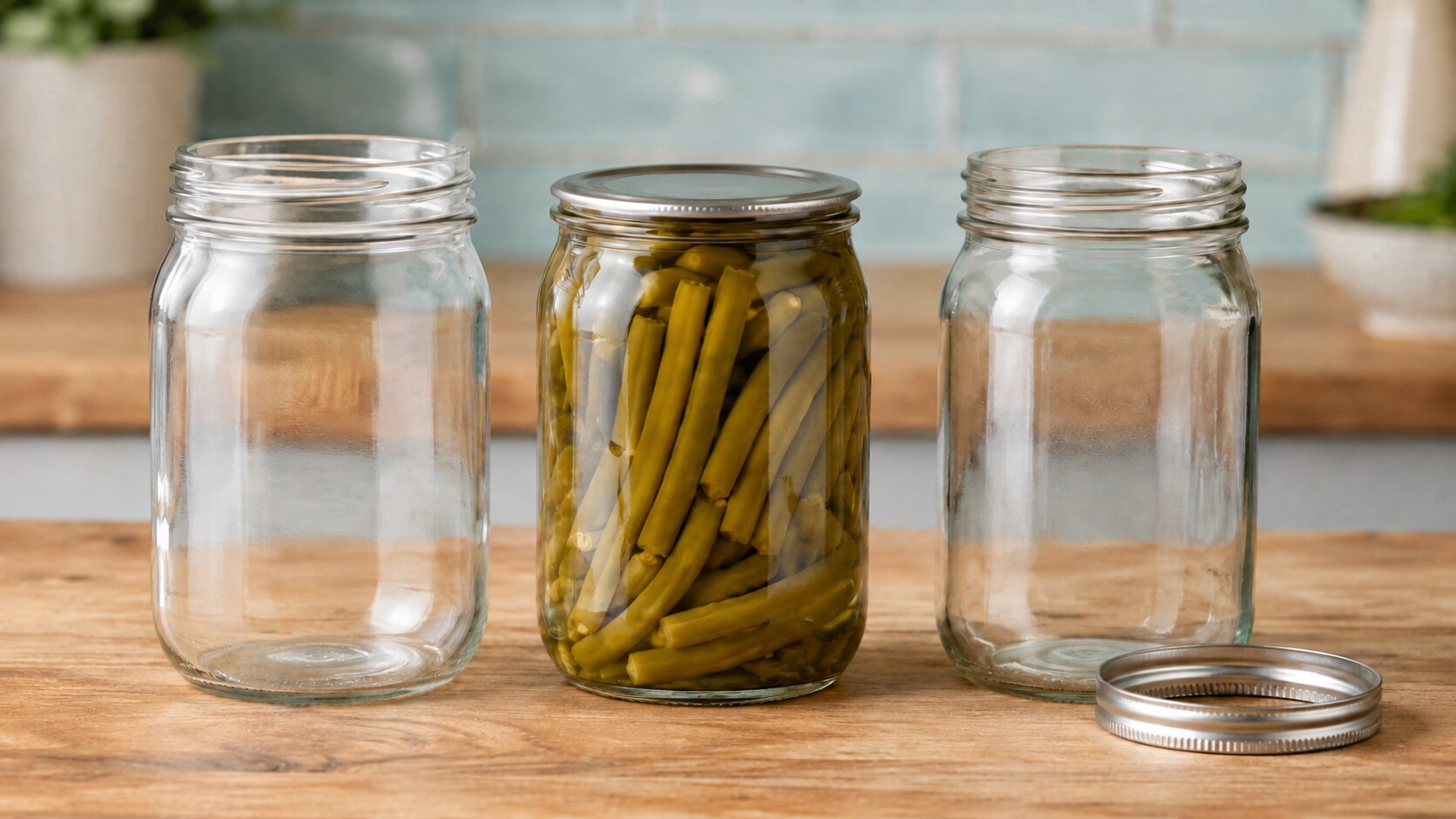 Three Mason jars demonstrate safe storage, including a sealed food jar stored with its flat lid and no screw band.