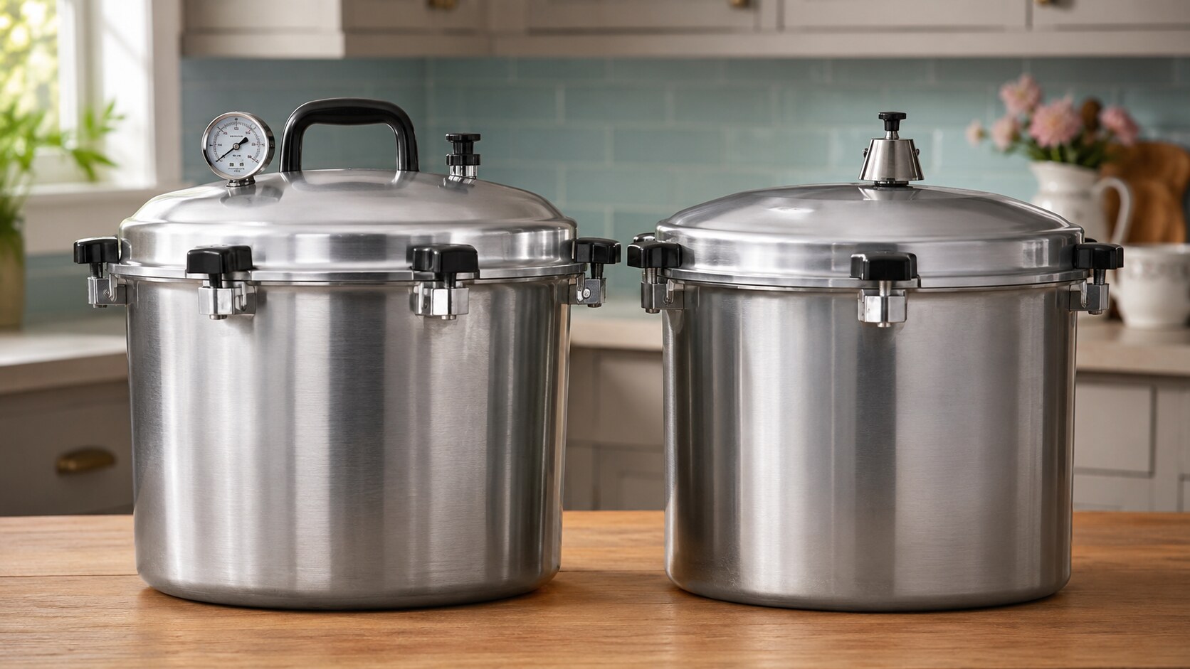 Two stovetop pressure canners are compared side by side, one with a dial gauge and one with a weighted regulator.