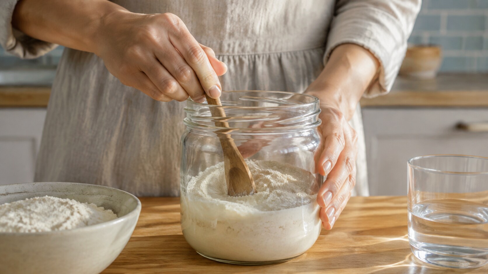 A woman stirs flour and water in a wide-mouth glass jar to begin a sourdough starter.