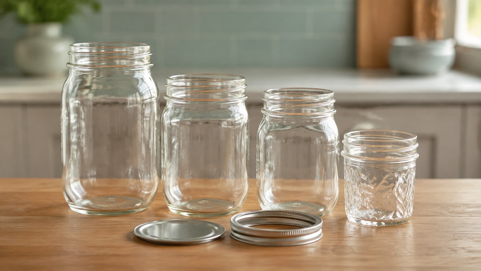 Four clear Mason jars in useful canning sizes are arranged with a flat lid and screw band.