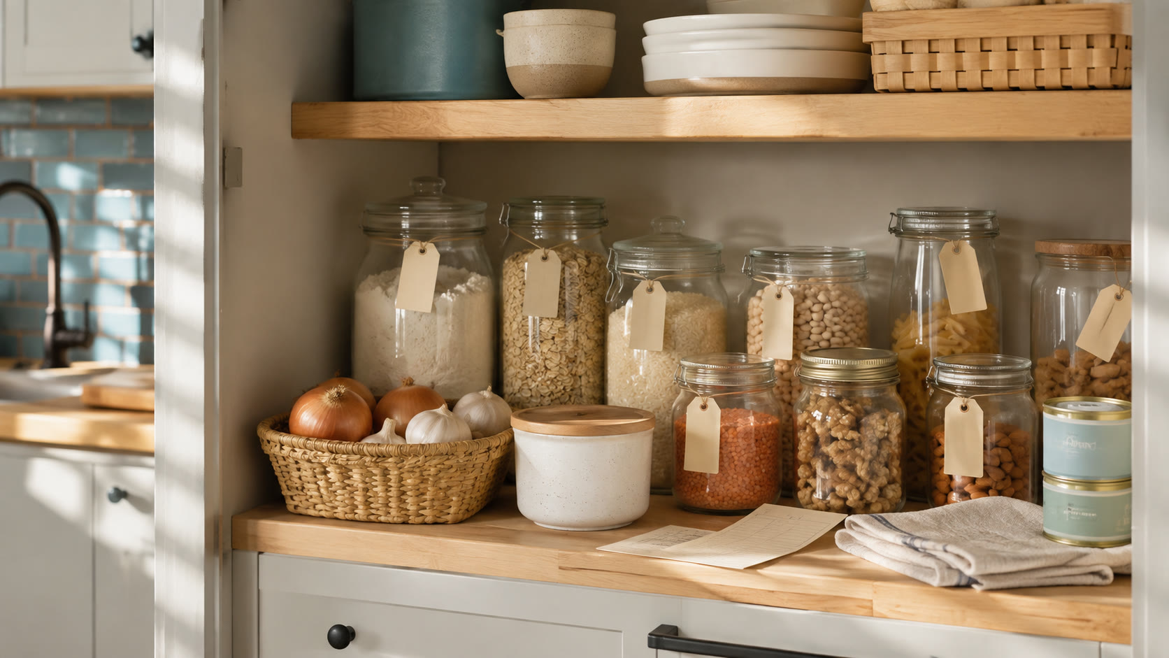 An organized, lived-in pantry with glass containers, everyday staples, stoneware, canned goods and an inventory card.