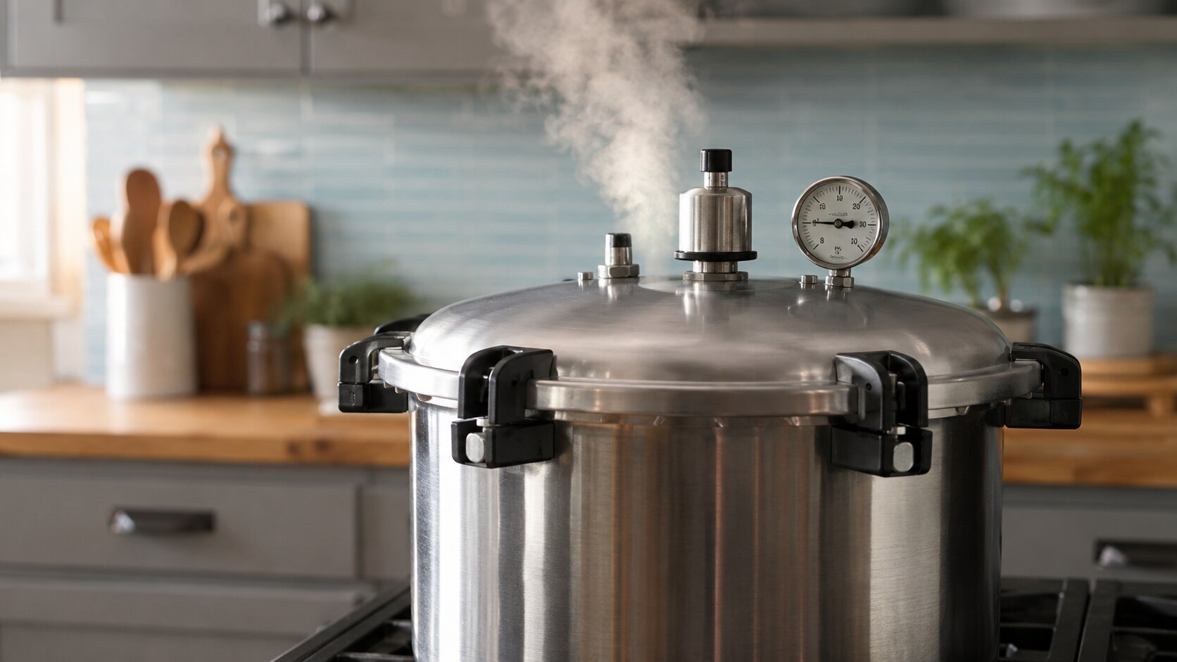 A closed stovetop pressure canner operates with its pressure regulator and dial gauge visible.