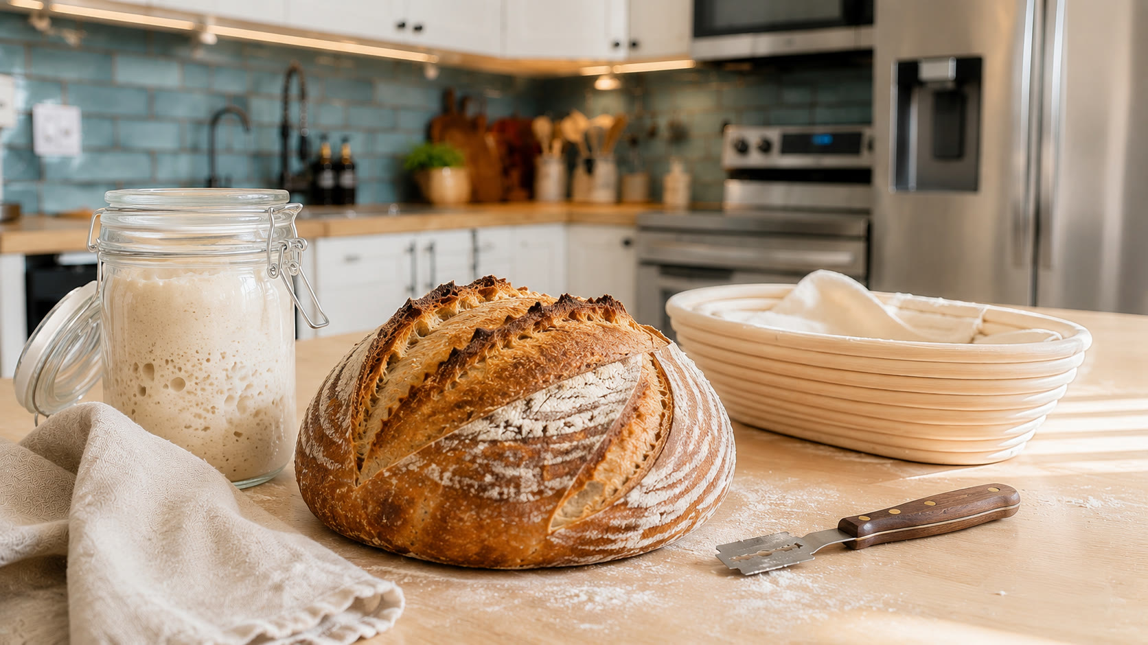 A rustic scored sourdough boule beside a lively starter jar, banneton, linen and baking tools in the Olive & Abbey kitchen.