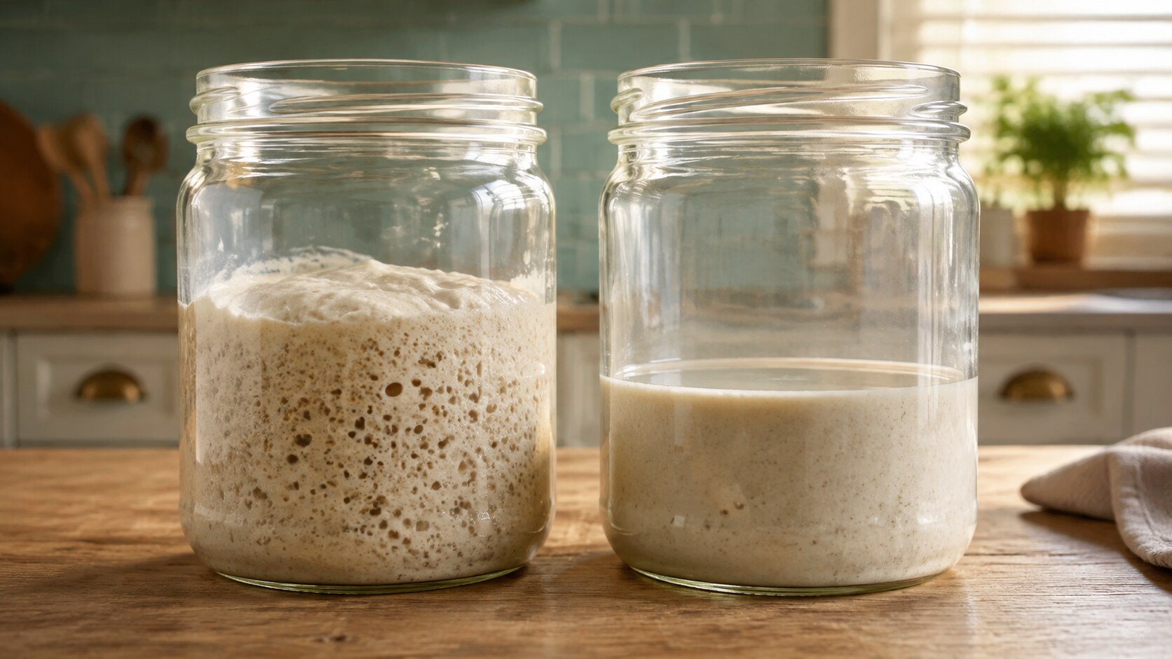 Two sourdough starter jars shown side by side, one active and bubbly and one sluggish with little rise.