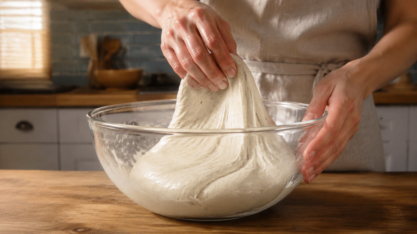 A woman gently lifts and folds elastic sourdough dough in a clear glass bowl on a wooden kitchen counter.