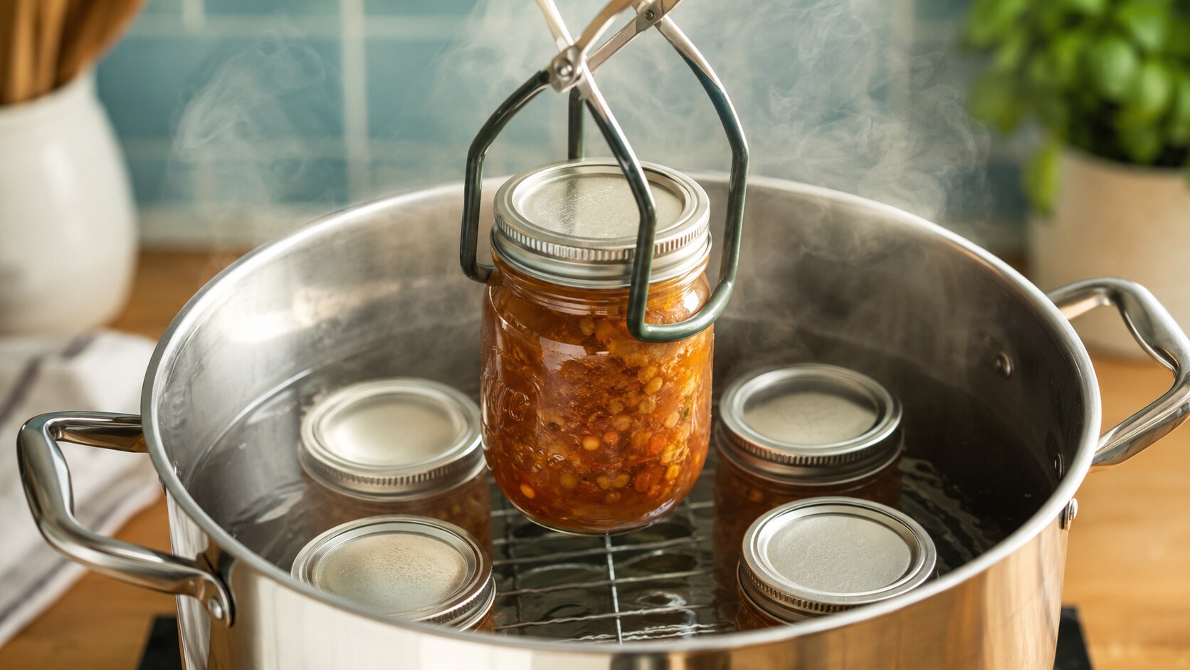 A filled Mason jar is lowered with a jar lifter into a steaming stainless water-bath canner.