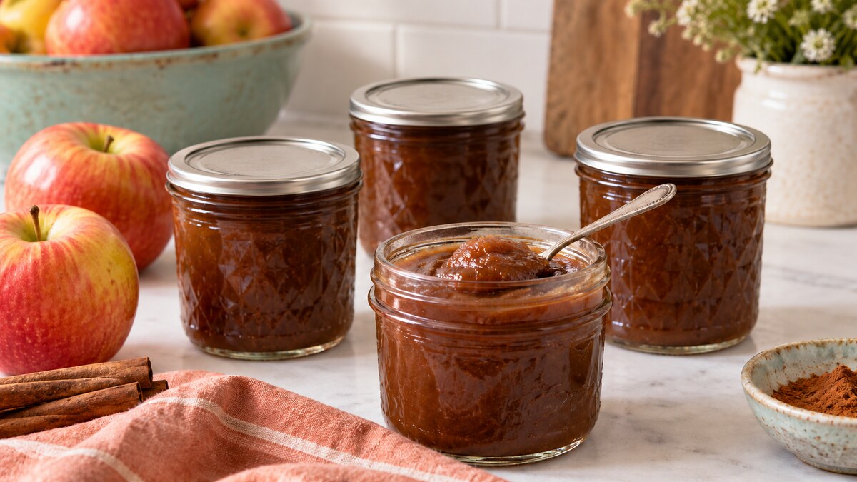 Four glass jars of smooth brown apple butter with fresh apples and a spoon on a light farmhouse kitchen counter.
