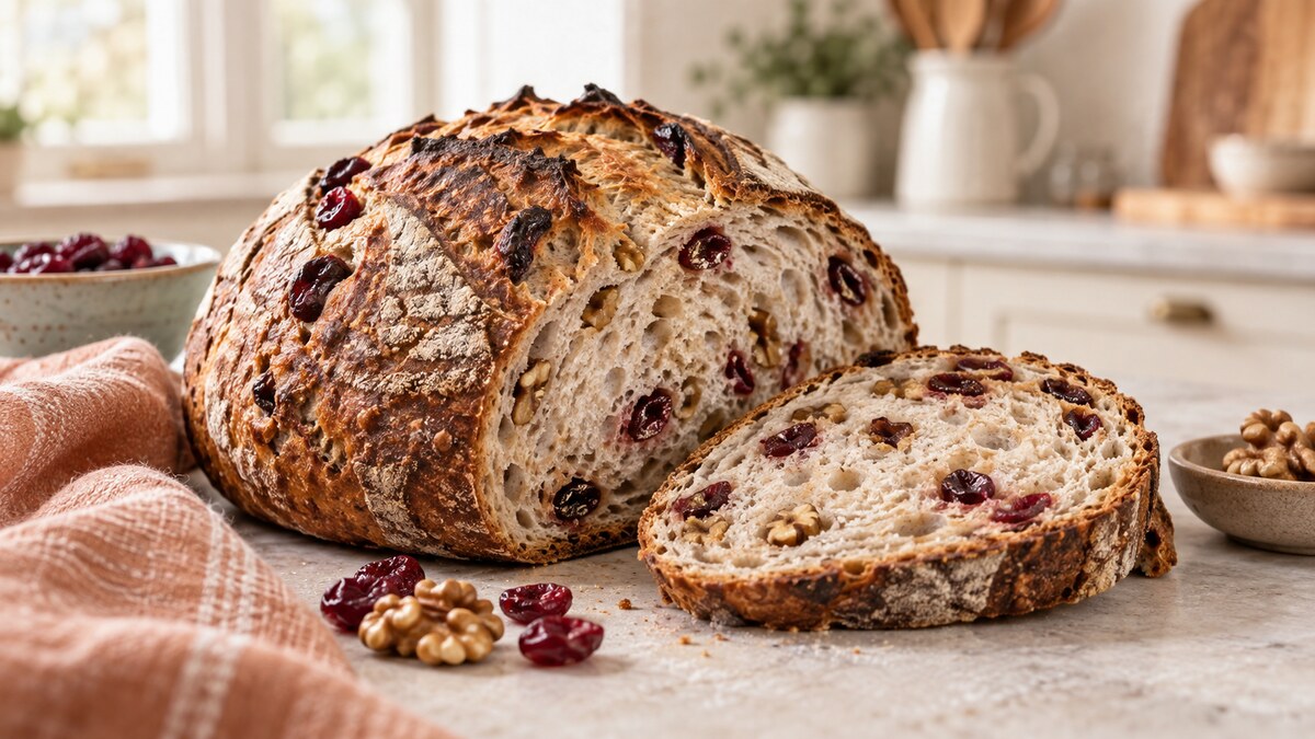 A sliced artisan sourdough loaf showing dried cranberries and walnuts on a light farmhouse kitchen counter.