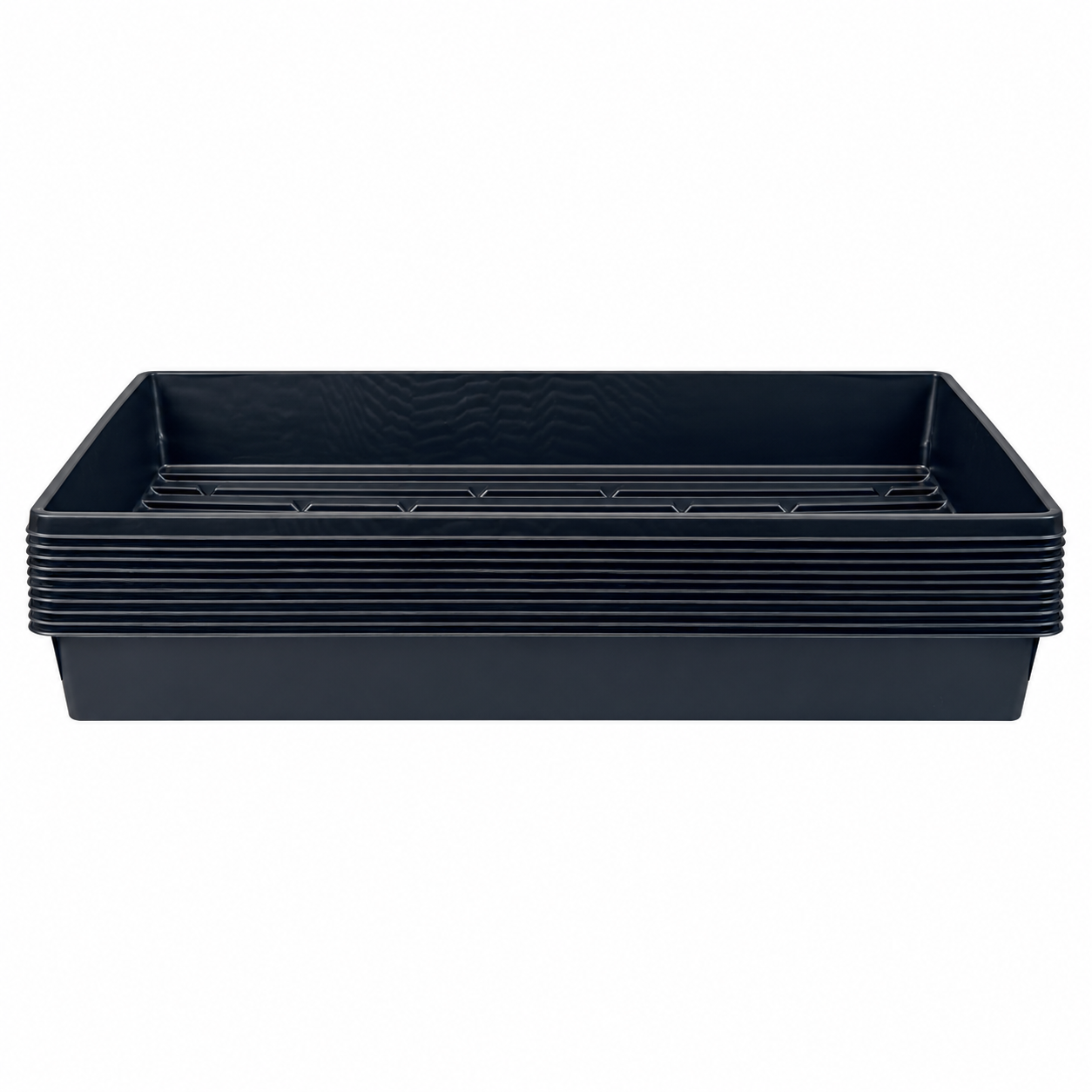 Stack of black no-drain seed-starting bottom trays