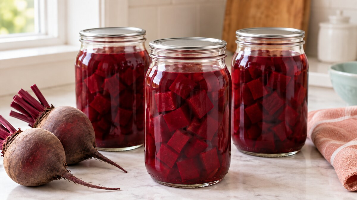 Three glass jars of pressure-canned beet cubes in ruby liquid with fresh beets on a light kitchen counter.