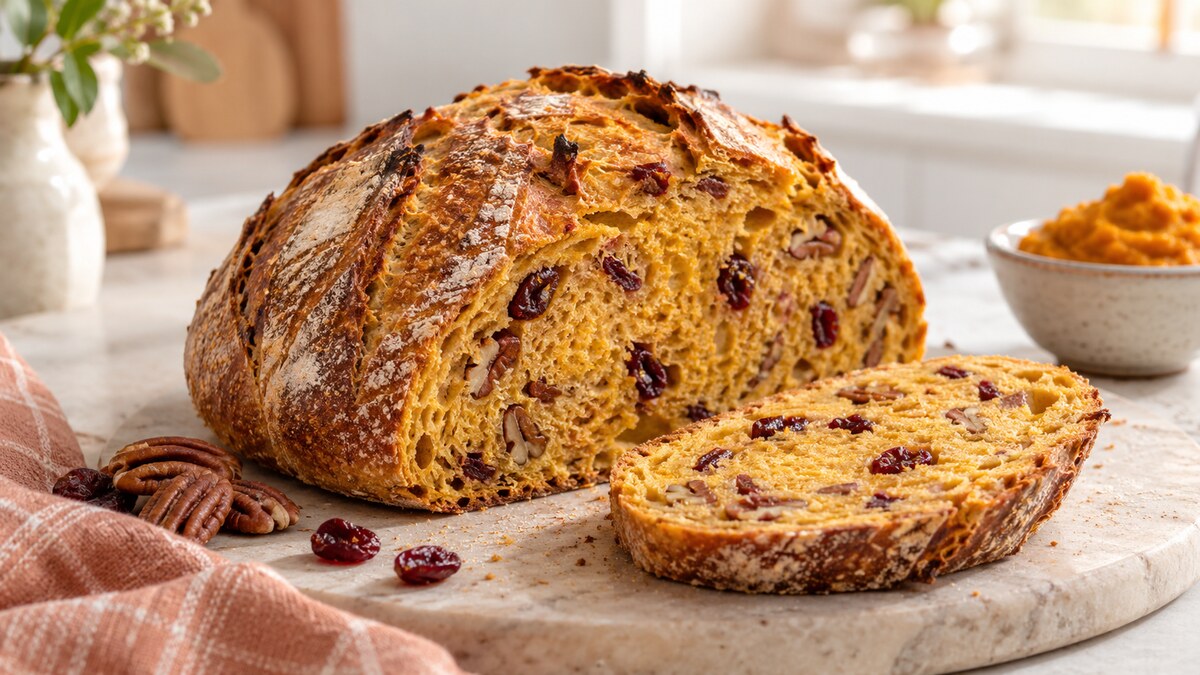 A sliced golden pumpkin sourdough loaf showing dried cranberries and pecans on a light farmhouse kitchen counter.