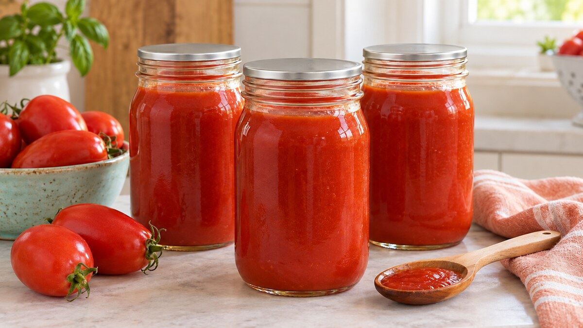 Three glass jars of smooth red tomato sauce with fresh Roma tomatoes and a wooden spoon.