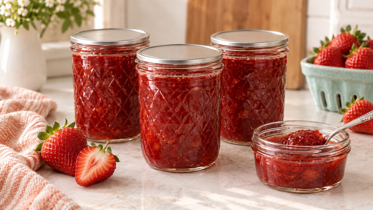 Three quilted glass jars of strawberry jam with fresh strawberries and an open serving jar.